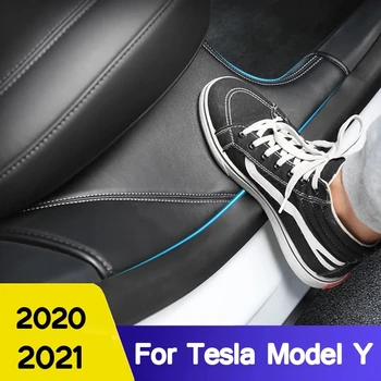 Auto Ukse Lävepakk Kaitsmega Tesla Model Y Nahast Kaitseraua Riba Anti Kick Pad Äärest Film Protector Kleebised
