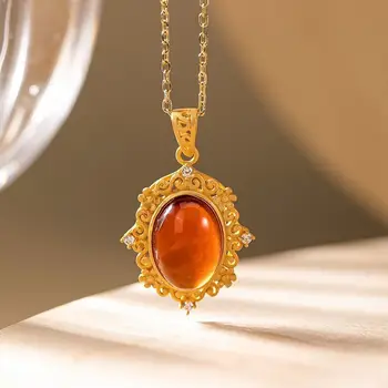 Hõbedaga inkrusteeritud granaat oranž elegantne ripats kaelakee Hiina stiilis retro gold gilded luksus üllas ainulaadne naiste brand ehted