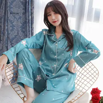 Naiste Pidžaama Komplekti Silk Pyjama Naiste Sleepwear primavera Homewear Satiin Sügisel Siserõivad Sobiks Pluss Suurus 3Xl 4Xl 5Xl