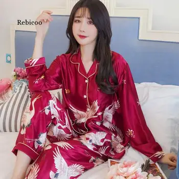 Naiste Pidžaama Komplekti Silk Pyjama Naiste Sleepwear primavera Homewear Satiin Sügisel Siserõivad Sobiks Pluss Suurus 3Xl 4Xl 5Xl