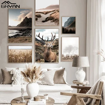 Põhjamaade Loodus, Maastik Lõuend Seina Art Plakat Sügisel Deer Lake Mägilammaste Pildid Värvimine Taimede Ja Loomade Pilt Home Decor