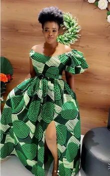 Seksikas Ühe-Kaelus Pikk Kleit Aafrika Naiste Asümmeetriline Varrukad Mood Prindi Elegantne Kõrge Kvaliteedi Pilu, Pehme Kleit Kevadel 2021