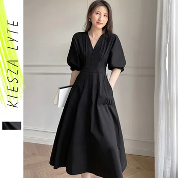Hepburn Must Kleit Pundunud Varrukad 2021 Suvel V Kaela prantsuse Stiilis Kõrge Vöökoht-line Pool Kleidid Elegantne Naiste Riided