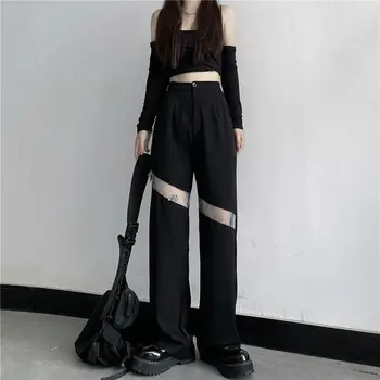 Püksid Naiste Disain Mood Pits Segast College Lai Jalg Vaba aja veetmise BF Mujer Ins Kottis Suvel Seksikas Streetwear Püksid Esteetiline