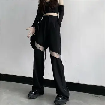 Püksid Naiste Disain Mood Pits Segast College Lai Jalg Vaba aja veetmise BF Mujer Ins Kottis Suvel Seksikas Streetwear Püksid Esteetiline