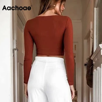 Aachoae Stiilne Naiste Sügav V Kaela Põhi-Silmkoelised Tops 2021 Streetwear Pikad Varrukad Kärbitud T-Särk Naiste Sexy Bodycon Tshirt