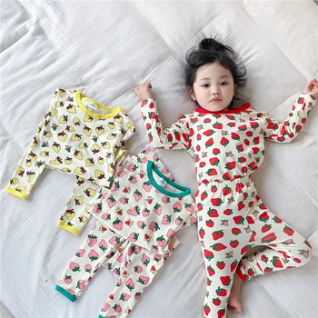 Sügisel langevad puuvill kaks tööd pidžaama komplekt beebi tüdruku maasika prindi kis pidžaamad sleepwear öösel magada tshirt+püksid, 1-kuni 8-aastased