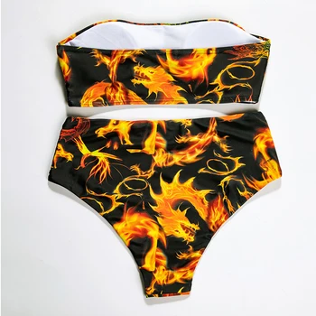 Tulekahju draakon trükitud bikiinid komplekti Olkaimeton naiste ujumistrikoo naiste Kõrge vöökoht sexy bikini 2020 Push up supelrõivad Retro trikoo