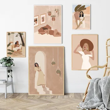 Boho Vogue Kleit Tüdrukud Vaas Lille Korv Seina Art Lõuend Maali Nordic Plakatid Ja Pildid Seina Pildid Elutuba Decor