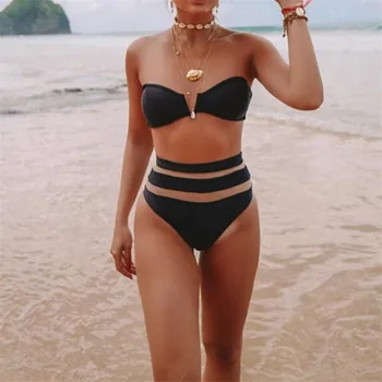 Kõrge Vöökoht Bikiinid Komplekti Naiste Sexy Tahke Must Valge Olkaimeton Push Up Polsterdatud Rinnahoidja Ujumistrikoo Supelrõivad Trikoo Beachwear
