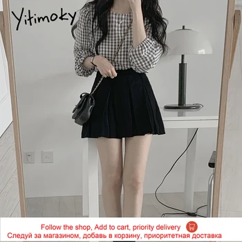 Yitimoky Vintage Ruuduline Pluusid Naistele Puff Pikad Varrukad O-Kaeluse Laiu Riideid 2021 Kevadel Korea Fashion Uued Särgid Kollane Must