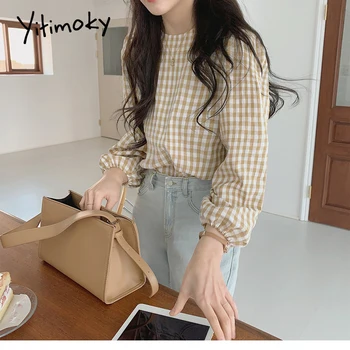 Yitimoky Vintage Ruuduline Pluusid Naistele Puff Pikad Varrukad O-Kaeluse Laiu Riideid 2021 Kevadel Korea Fashion Uued Särgid Kollane Must