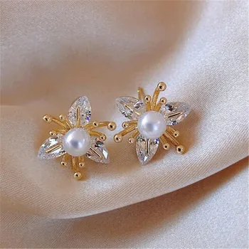 Mood Luxury Crystal Pearl Lill Kõrvarõngad Elegantne Naine Peen Kuld Kõrvarõngad Ehted Tarvikud