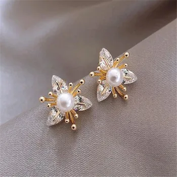 Mood Luxury Crystal Pearl Lill Kõrvarõngad Elegantne Naine Peen Kuld Kõrvarõngad Ehted Tarvikud