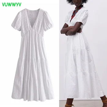 Za 2021 Kleidid Naistele, Valge Cutwork Tikandid Midi Kleit Naine, Suvel Lühikesed Puhvis Varrukad Plisseeritud Aafrika Vintage Kleit