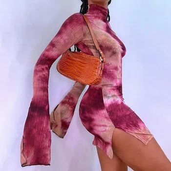 Suvel Tie-Dye Printimiseks Lõhik Naiste Mini Kleit Pikk Põletatud Varrukad Bodycon Naiste Kleidid 2021 Streetwear Sale Seksikas Daam Riided