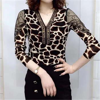Uustulnukad Pluss Suurus Naiste Läbilöök Leopard T-Särk 6XL Segast Naiste Pullover Kevad Sügis Lady Riided OL Pits Mujer