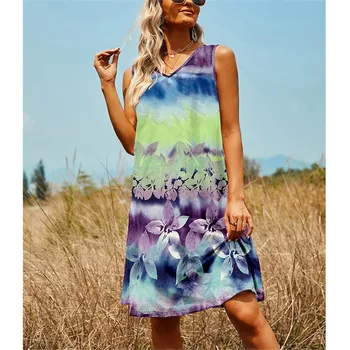 Vintage Naiste Tie Dye Flower Print Kleidid 2021 Uued Vabaaja Varrukateta V-Kaeluse Lahti Suur Kiik Kleit Naine Suvel Rannas Kleit