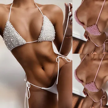 Pearl Bikini Sexy Thong Ujumistrikoo Naiste Kõrge Vöökoht Trikoo Armas Supelrõivad Tahke 2021 Uus