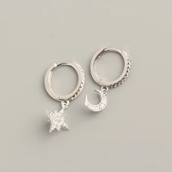 Korea Fashion 925 Sterling Silver Star Moon Asümmeetrilise Kõrva Lukk Mood Inkrusteeritud Lady Kõrvarõngad Ehted Kõrvarõngad Naistele