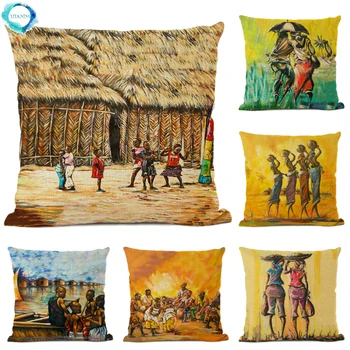 Aafrika Hõimude Elu Õlimaal Diivan Viska Padi Kaane Dekoratiivne Padi Õnnelik Must Family Art Puuvillast Voodipesu Padjapüür