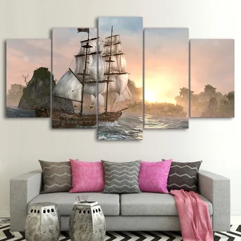 Kaasaegse Decor Toa Seinale 5 tk Laev Merele Päikeseloojangut Päikest Maastik Kunsti Maalid Plakat Modulaarne Lõuend HD Trükitud Pildid 2020