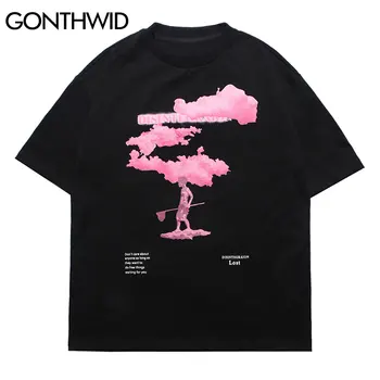 GONTHWID Tshirts Streetwear Harajuku Hip-Hop Pink Cloud Print Tees Särgid Harajuku Mood Suvel Vabaaja Puuvillane Lahti Tees Tops