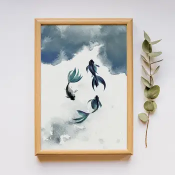 Sinine Abstraktne Akvarell Loomade Kunsti Maali Kala Lõuend Art Pilt Seinale Plakat Koju, Tuba Decor