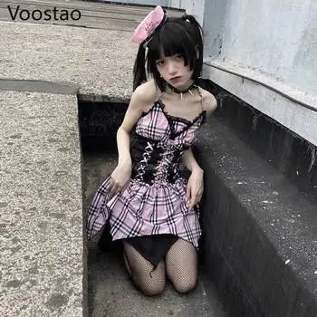 Jaapani Gooti Lolita Stiil, Ruuduline Kleit, Vintage-Aegne Naiste Varrukateta Sidemega Mini Kleit Seksikas Tüdrukud Punk Pool Sundress
