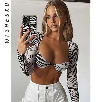 Naiste Zebra Trükitud Saagi Tops Pikad Varrukad Backless Lõigatud Seksikas Tshirt 2021 Suvel Y2K Armas Marli Tee Riided