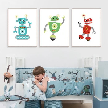 Robot Akvarell Cartoon Plakatid ja Pildid Lastetoa Seina Art Lõuend Maali Pilte Poisid Kingitus Beebi Poiss Ruumi Seina Kaunistamiseks
