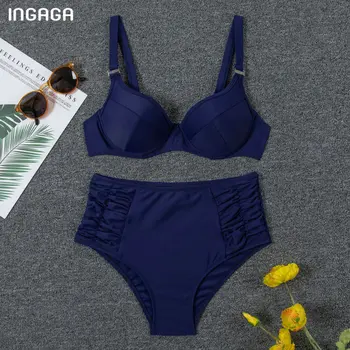 INGAGA Push Up Bikinis Seksikas Supelpüksid ja Naiste Ujumistrikood Kõrge Vöökoht Biquini ujumispüksid Ruched Beachwear 2021 Mereväe Bikinis Komplekt