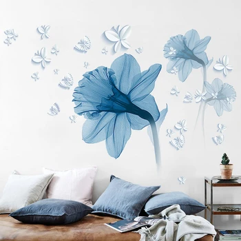180*110cm Suur Nordic Art Sinine Lilled elutuba Teenetemärgi Vinüül Seina Kleebised DIY Home Decor Kaasaegne Magamistoa Seinale Plakatid