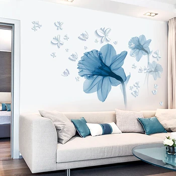180*110cm Suur Nordic Art Sinine Lilled elutuba Teenetemärgi Vinüül Seina Kleebised DIY Home Decor Kaasaegne Magamistoa Seinale Plakatid