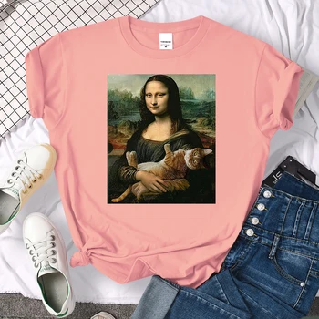 T-Särgid Mona Lisa Kallistamine Kass Armas Armas Trükitud T-Särk Naiste Crewneck Gooti Naiste Tshirt Casual Liiga Tee Särgid