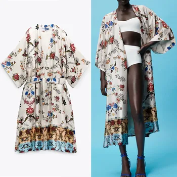 Za Suvel Naiste Lilled Prindi Kimono Kleit 2021 Vintage Pikad Varrukad Vöö Beach Kimono Mood Pool Lõikab Naine Midi Desses