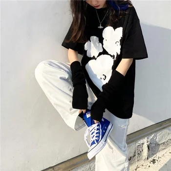 TVOVVIN Harajuku Prindi Lill Camisetas De Mujer Must 2021 Suvel Jaapani Stiilis T-Särgid, Naiste Topid Vintage T-särk, Gooti CD0N