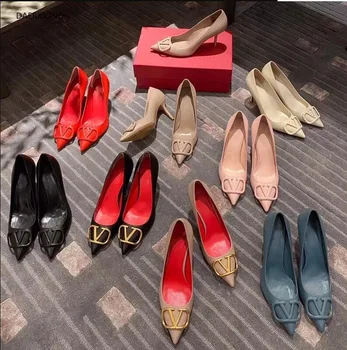 8.5 cm naiste kõrge kontsaga sandal klassika V logo brand naiste sandaal 6cm ehtne nahk punane pulm kingad pikad varba 34-42 nr box