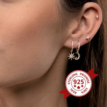 925 Sterling Silver Ear Lukk Täht ja Kuu Ripats Daamid Hoop Kõrvarõngad Crystal Võlu Mood Minimalistlik Kõrvarõngad Prom Pool