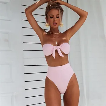Sexy Bikini Tahke Push-up Bikiinid 2021 Suvel Polsterdatud Rinnahoidja Õlapael Kõrge Vöökoht Ujumistrikoo Naiste Rannas Ujumistrikoo Naiste Bikiinid