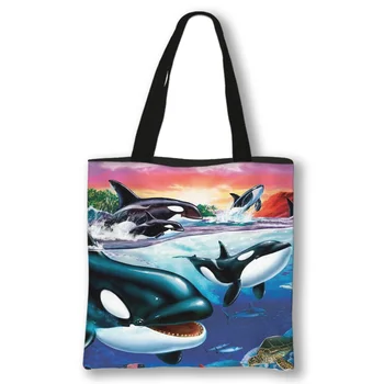 Dolphin Prindi Daamid Käekotid Tüdruk Lõuend Kott Shopping Reisi Naiste Eco Korduvkasutatavad Õla Shopper Kotid Suure Võimsusega