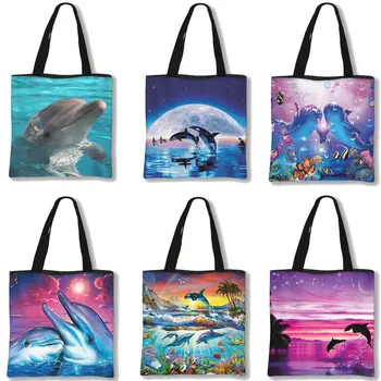 Dolphin Prindi Daamid Käekotid Tüdruk Lõuend Kott Shopping Reisi Naiste Eco Korduvkasutatavad Õla Shopper Kotid Suure Võimsusega
