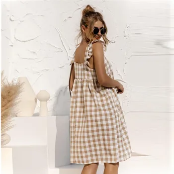 Vintage Square Krae Ruuduline Naiste Suvine Kleit 2021 Ruffles Varrukateta Seksikas Backless-line Mini Kleit Vestidos