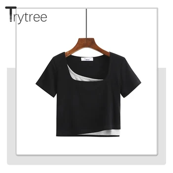 Trytree 2021 Suve Naine Casual T-särk Square Krae Puuvilla Elastne T-särk Segast 2 Värvi Streetwear Lühikesed Topid Naistele