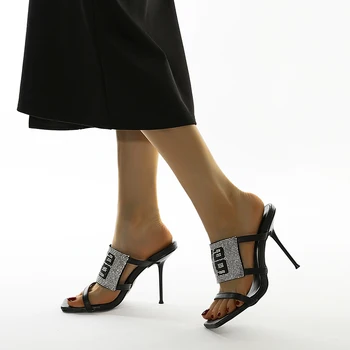 NIUFUNIU Rhinestone Naiste Sandaalid 2021 Suuruses 35-42 Rihm Avatud Varvas Must Seksikas Naiste Kingad Tähed Super Slim Kõrge Kontsaga kingad Nahast