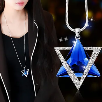 Korea Fashion Geomeetriline Kolmnurk Sinine Kristall Ripats Kaelakee Naiste Kuus Osutas Star Metallist Pikk Kampsun Kett Tarvikud