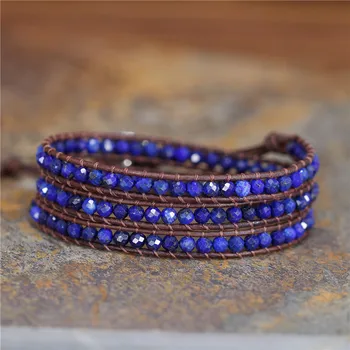 Nahast Punutud Käekett Lapis Lazuli 3 Korda Vääriskivide Wrap Käevõru Pärlite Armband Käsitöö Käevõru Ehted Hulgimüük