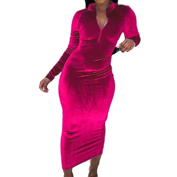 Naiste Kleidid, Sügis-Talv Pikk Varrukas Tahked Värvi Tõmblukk Bodycon Midi Pool Kleit naine, mood 2020 elegantne ropa de mujer