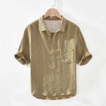 Linasest uue stiili poole varruka triibuline khaki särgid meestele brändi vabaaja trendikas särk meestele, mugav chemise camisa tops mens