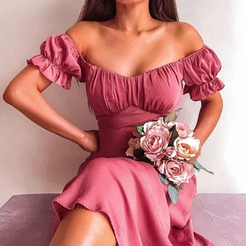 Seksikas Tahke Maha Õla Slim Lady Kleit 2021 Mood Suvel Lühikesed Varrukad Pool Kleit Naiste Elegantne Draped Slash Kael Pikk Kleit